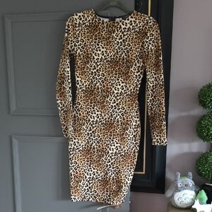 Leopard Print Long Sleeve Bodycon Dress - Brown Small